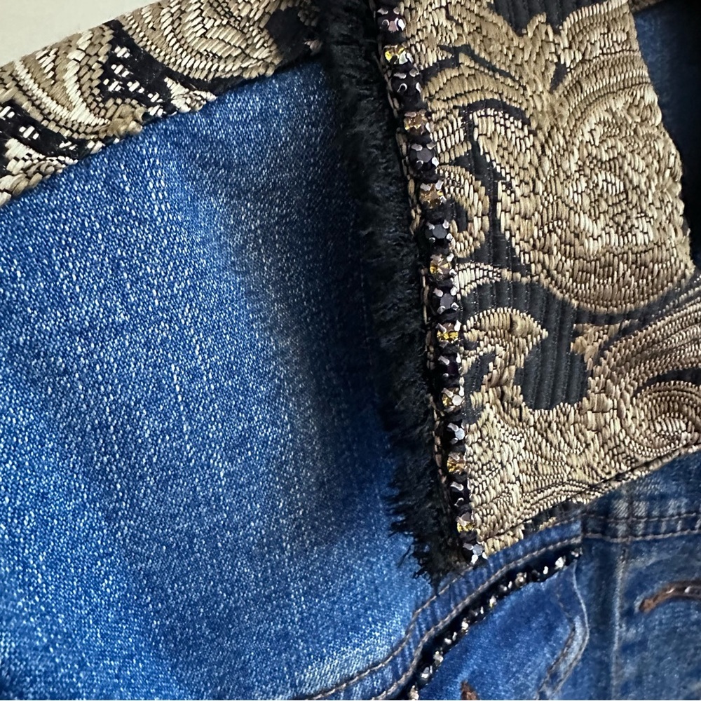 Blue Jean Brocade Jacket Rhinestone Bling Fall Jacket Versace Boho Medium - Picture 5 of 16